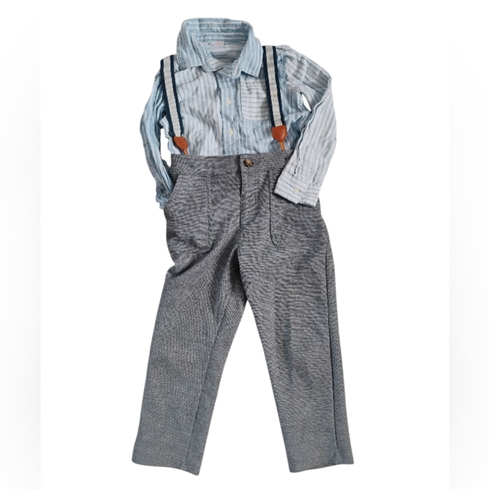 Striped Shirt and Gray Pants with Suspenders